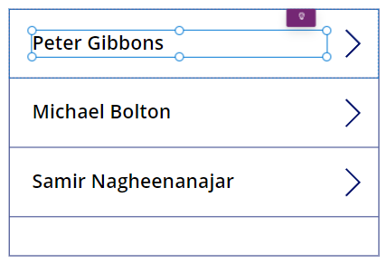 Power Apps gallery with an employee name selected