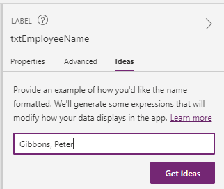 Power Apps properties pane Ideas tab with employee name new format entered