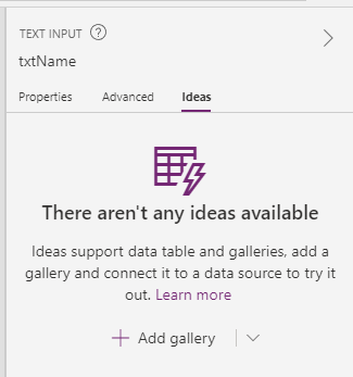 Power Apps properties pane Ideas tab showing there aren&rsquo;t any ideas available