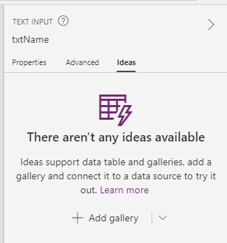 Power Apps properties pane Ideas tab showing there aren’t any ideas available