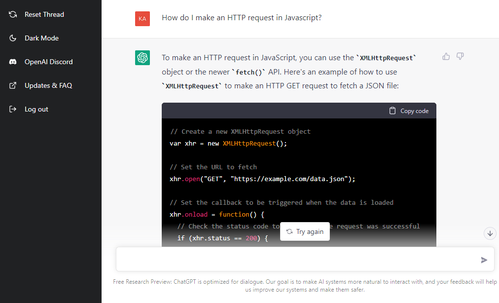 ChatGPT showing how to make an HTTP request in Javascript