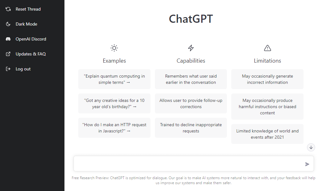 ChatGPT intro screen