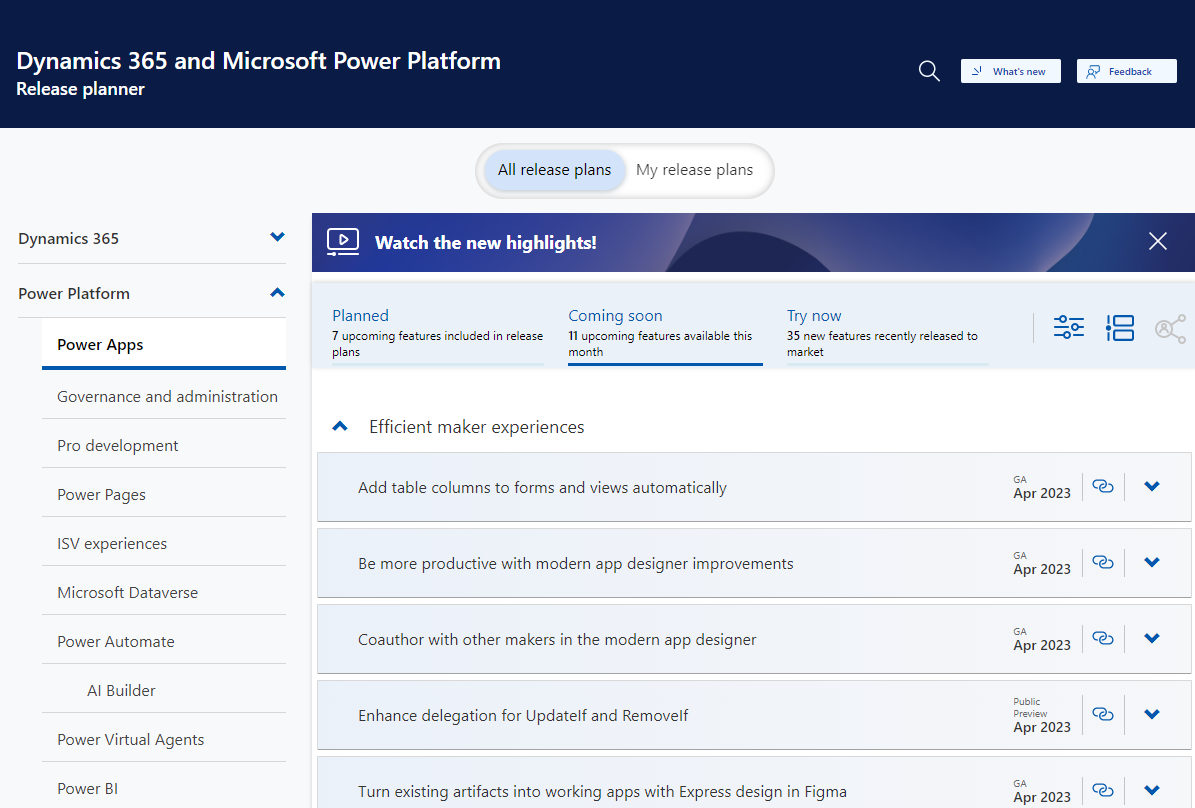 Dynamics 365 and Microsoft Power Platform Release Planner.