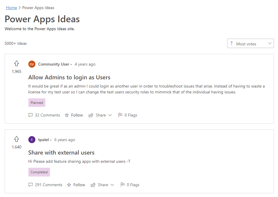 Power Apps Ideas website.