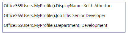 Power Apps Office 365 Users connection output.