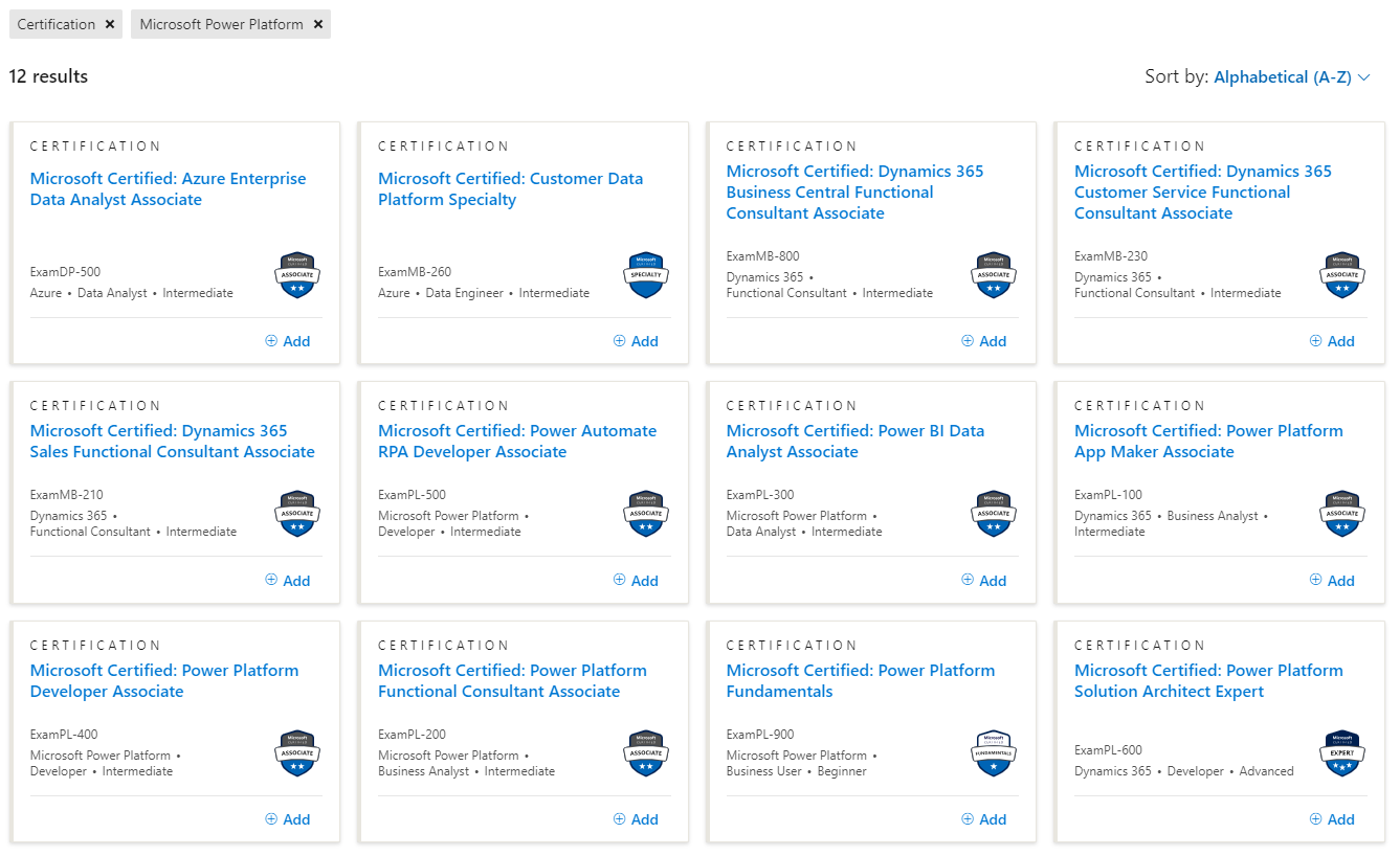 Power Platform certifications list.